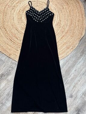 Black Velvet Maxi Slip Dress with Embellished Bodice